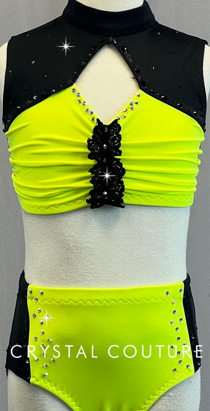 Custom Electric Yellow & Black Crop Top Two Piece - Rhinestones
