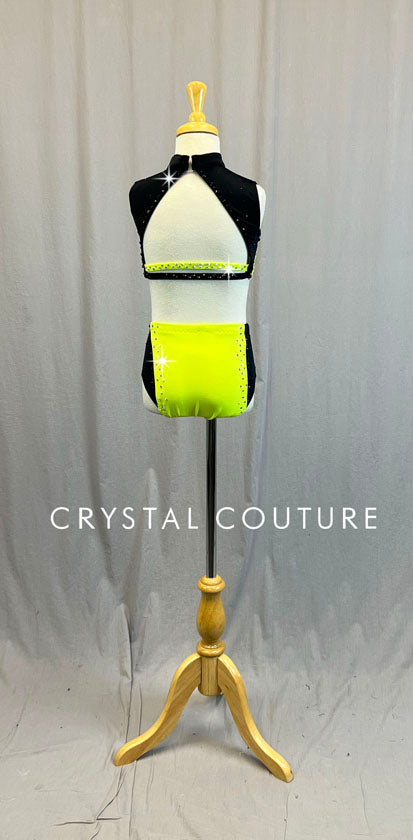 Custom Electric Yellow & Black Crop Top Two Piece - Rhinestones