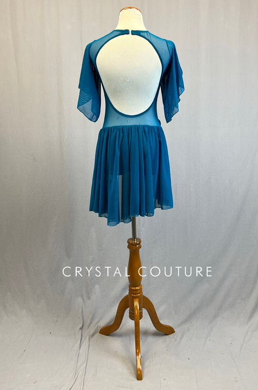 Teal Mesh Dress with Flutter Sleeves and Sash
