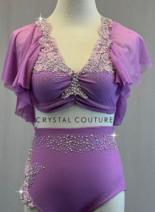 Pink Lavender Two Piece with Flutter Sleeves and Appliques - Rhinestones