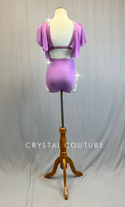 Pink Lavender Two Piece with Flutter Sleeves and Appliques - Rhinestones