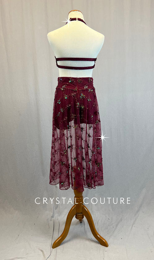Custom Maroon Two Piece with Long Beaded Back Skirt - Rhinestones