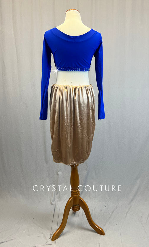 Custom Royal Blue Long Sleeve Top and Trunks with Bronze Back Skirt - Rhinestones