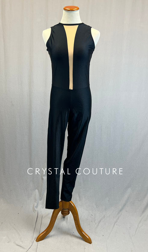 Custom Black Open Back Unitard with Nude Mesh Cutout