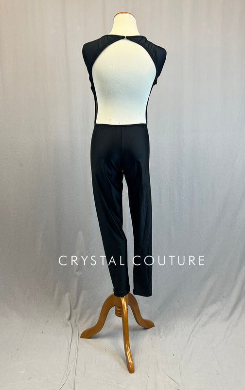 Custom Black Open Back Unitard with Nude Mesh Cutout