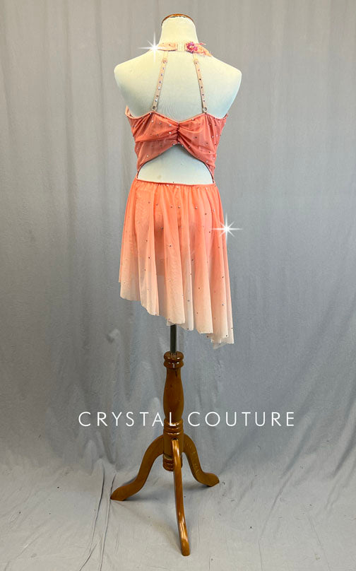 Peach Ombre Dress with Asymmetrical Hem and Appliques - Rhinestones