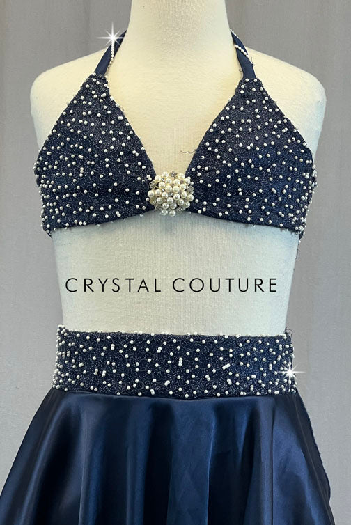 Custom Navy Blue Bra Top with Pearls and Silky Circle Skirt