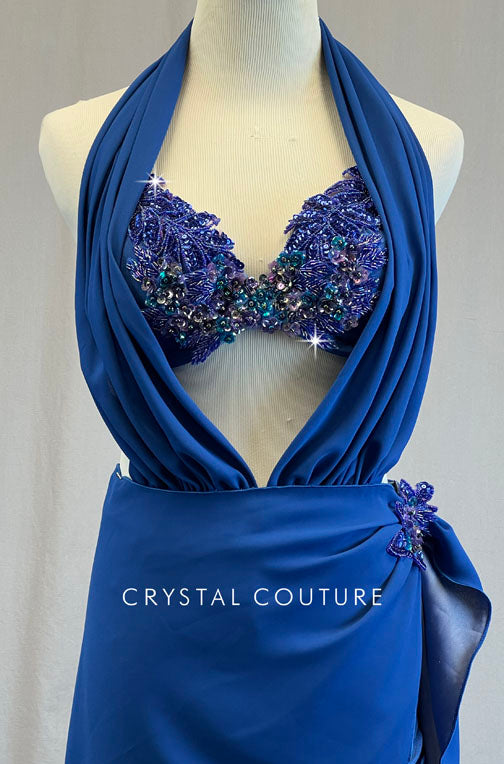 Custom Blue Appliqued Bra Top with Wrap Skirt and Halter