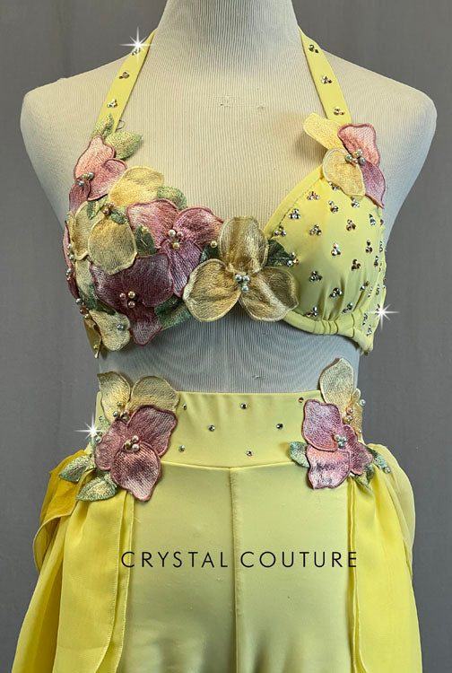 Custom Yellow Two Piece with Floral Appliques and Back Skirt - Rhinestones