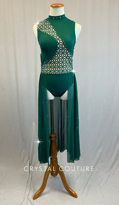 Dark Green Leotard with Geometric Cutouts and Back Skirt - Rhinestones