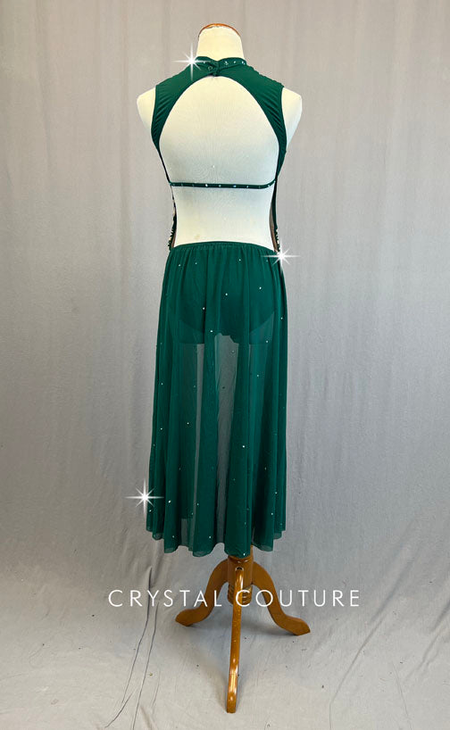 Dark Green Leotard with Geometric Cutouts and Back Skirt - Rhinestones