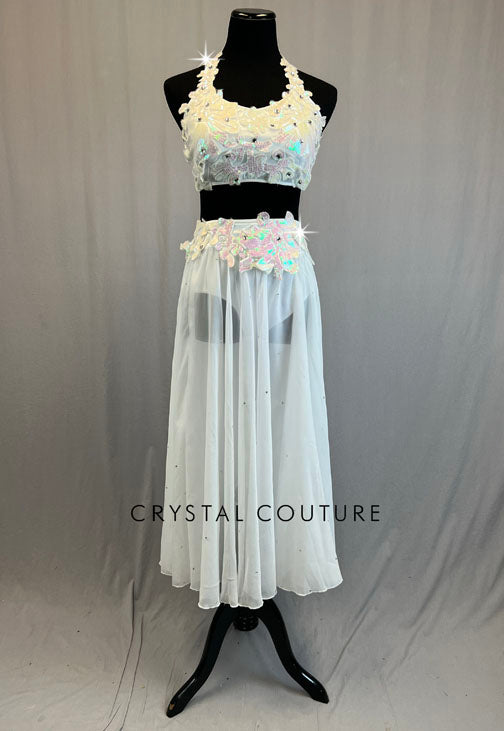 White Top and Long Skirt with Iridescent Appliques - Rhinestones