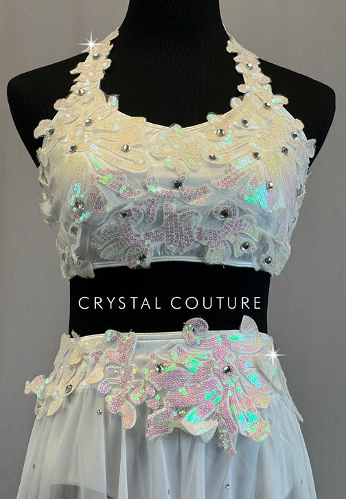 White Top and Long Skirt with Iridescent Appliques - Rhinestones