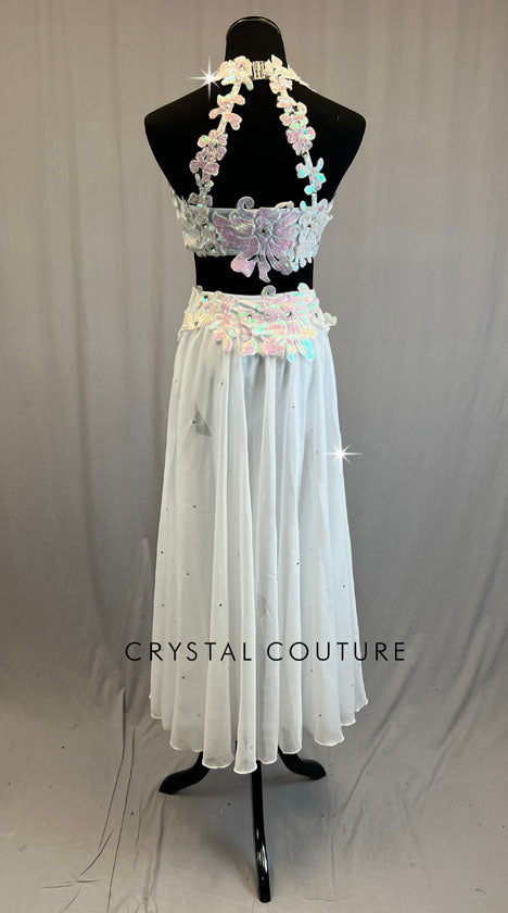 White Top and Long Skirt with Iridescent Appliques - Rhinestones