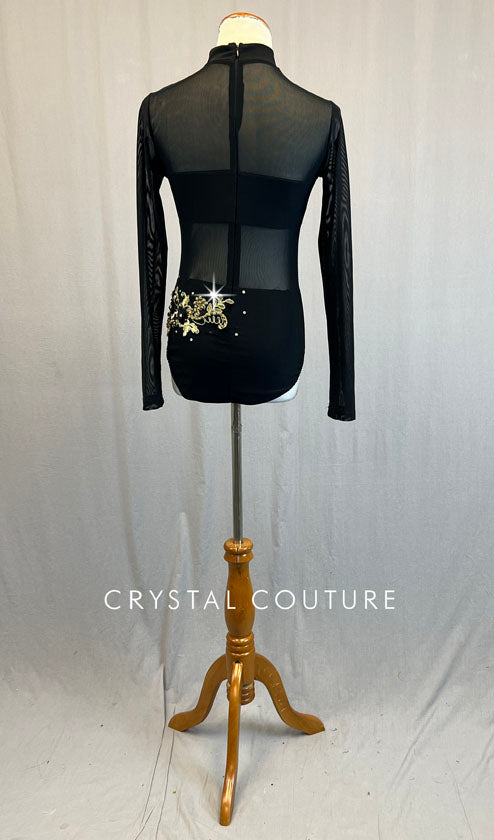 Black Mock Neck Leotard with Mesh and Gold Appliques - Rhinestones