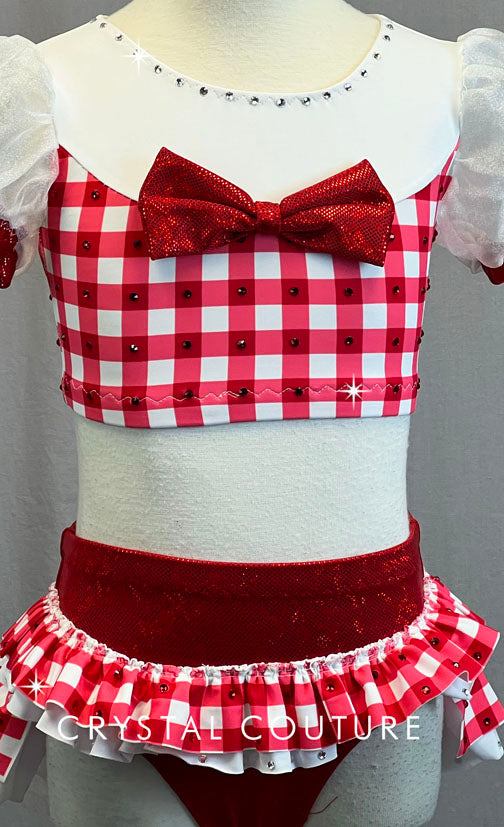 Custom White, Red & Pink Checkered Crop top and Trunk with Attached Skirt - Rhinestones