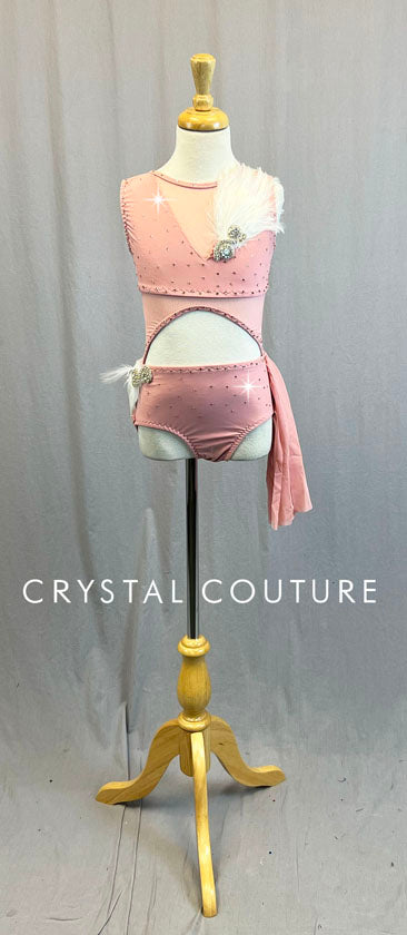 Custom Light Pink Connected Two Piece Leotard with Attached Back Mesh Skirt - Feather Appliques & Rhinestones