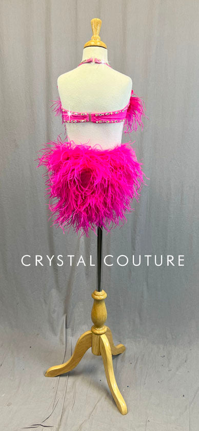 Custom Hot Pink Halter Connected Two Piece w/ Hot Pink Ostrich Feather Bustle - Rhinestones