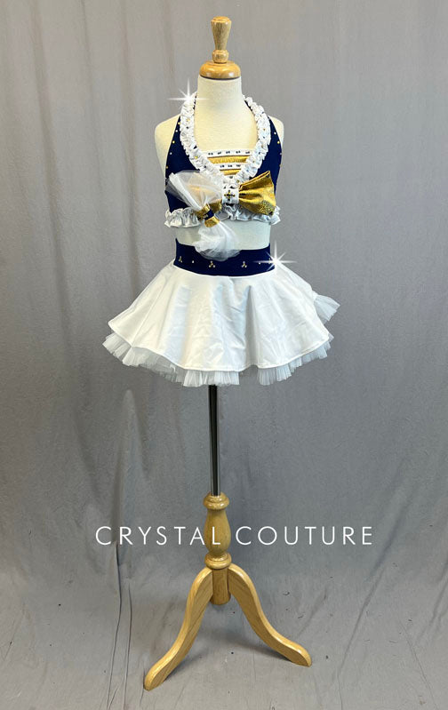 Custom Navy Blue & White Halter Top and Circle Skirt with Gold Details - Rhinestones