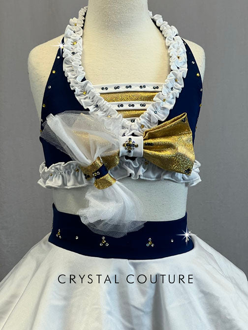 Custom Navy Blue & White Halter Top and Circle Skirt with Gold Details - Rhinestones