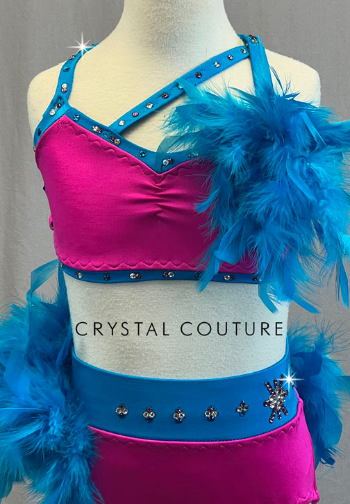 Custom Hot Pink & Blue Two Piece with Feather Bustle - Rhinestones