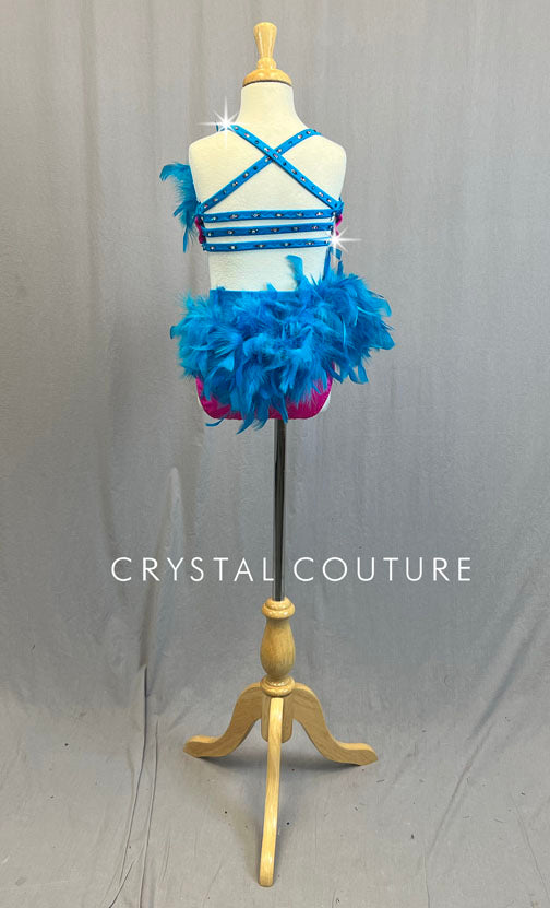 Custom Hot Pink & Blue Two Piece with Feather Bustle - Rhinestones