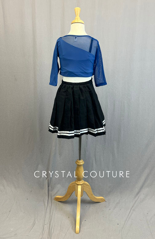 Blue Mesh Top with Black Pleated Skirt