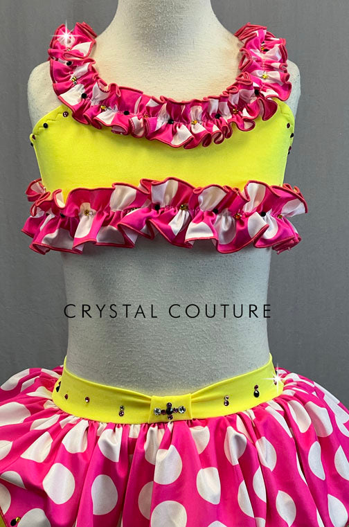 Custom Lemon Yellow & Hot Pink Two Piece with Polka Dots and Crinoline - Rhinestones