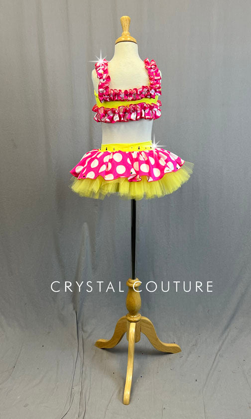 Custom Lemon Yellow & Hot Pink Two Piece with Polka Dots and Crinoline - Rhinestones