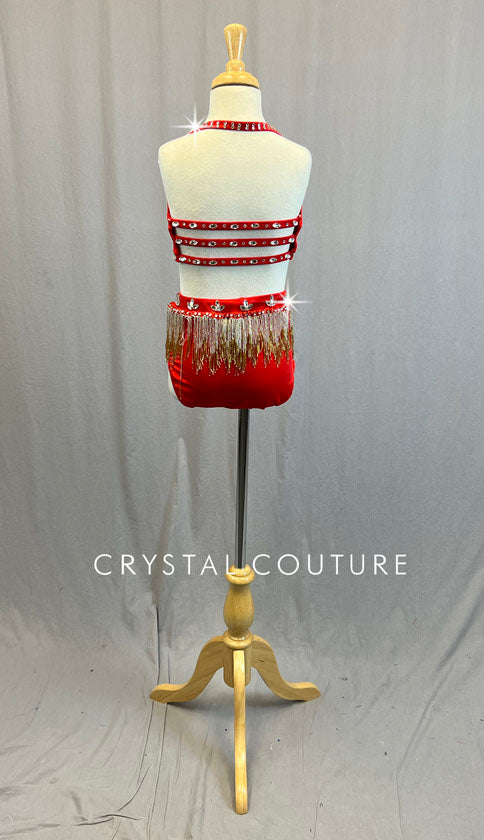 Custom Red Two Piece with Gold Beaded Fringe and Strappy Back - Rhinestones