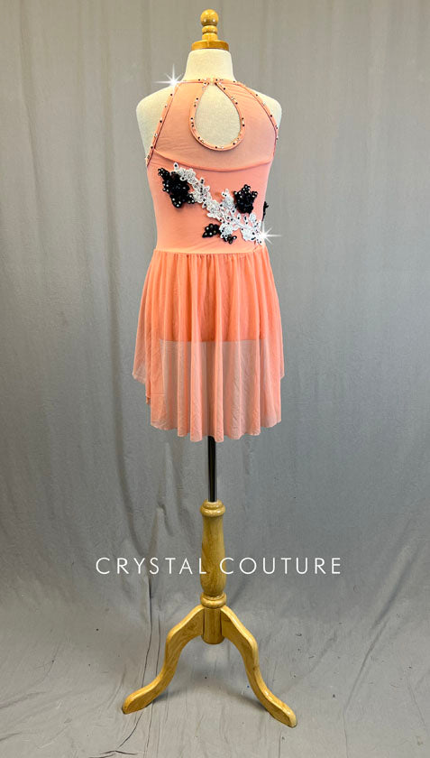 Peach Leotard with Back Skirt and Appliques - Rhinestones