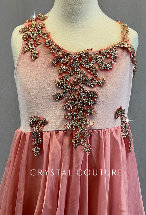 Pink Chiffon and Velvet Dress with Gold Appliques - Rhinestones