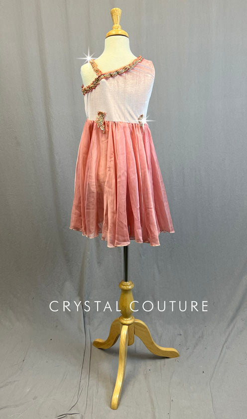 Pink Chiffon and Velvet Dress with Gold Appliques - Rhinestones