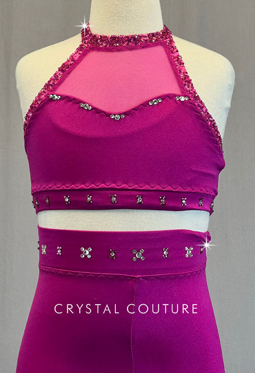 Custom Magenta High Neck Top and High Waisted Bike Shorts - Rhinestones