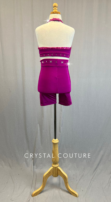 Custom Magenta High Neck Top and High Waisted Bike Shorts - Rhinestones