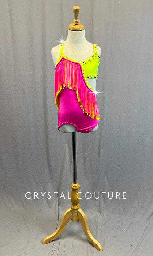 Custom Neon Yellow & Hot Pink Asymmetrical Leotard with Fringe - Rhinestones
