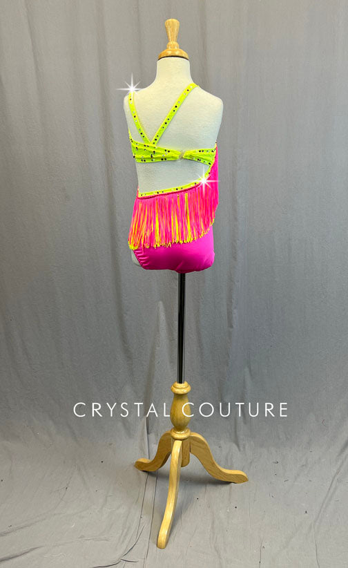 Custom Neon Yellow & Hot Pink Asymmetrical Leotard with Fringe - Rhinestones