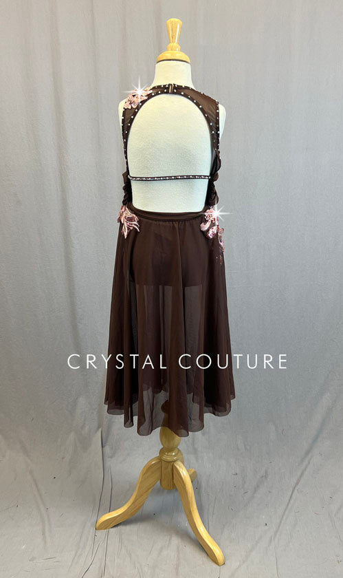Brown Drape Front Dress with Pink Appliques - Rhinestones