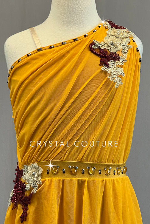 Tangerine Ruched Dress with Asymmetrical Skirt and Appliques - Rhinestones