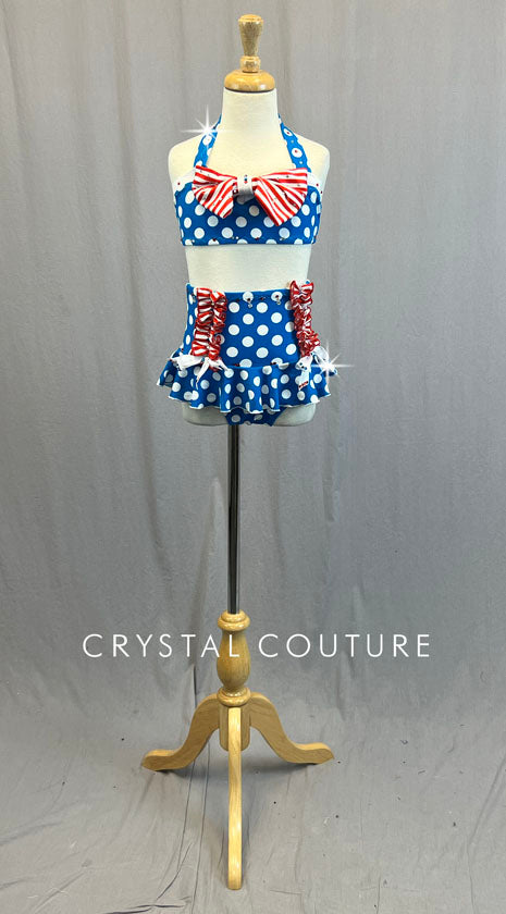 Custom Red, White, & Blue Polka Dot Two Piece with Ruffles - Rhinestones