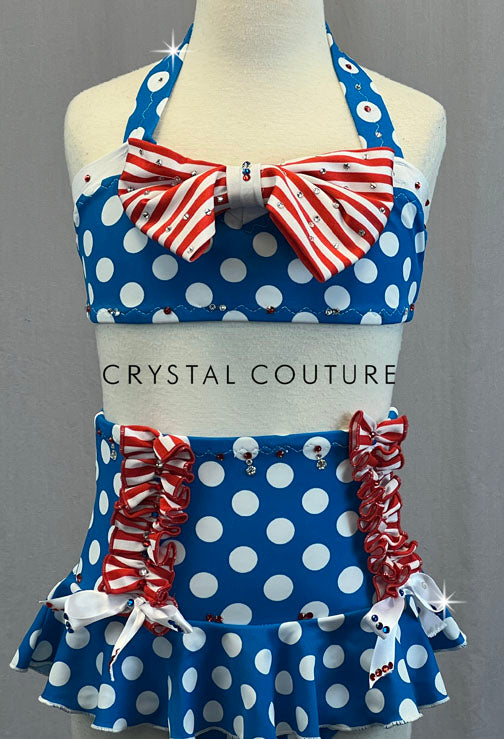 Custom Red, White, & Blue Polka Dot Two Piece with Ruffles - Rhinestones