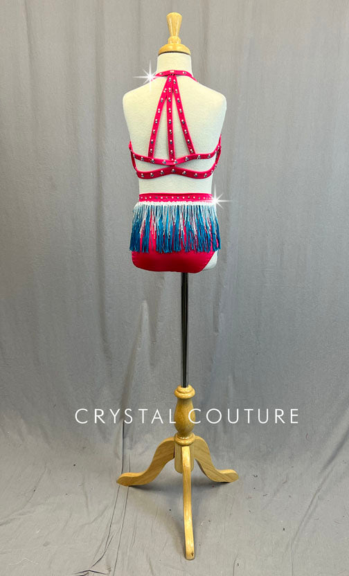 Custom Hot Pink Strappy Connected Two Piece with Blue Beaded Fringe - Rhinestones