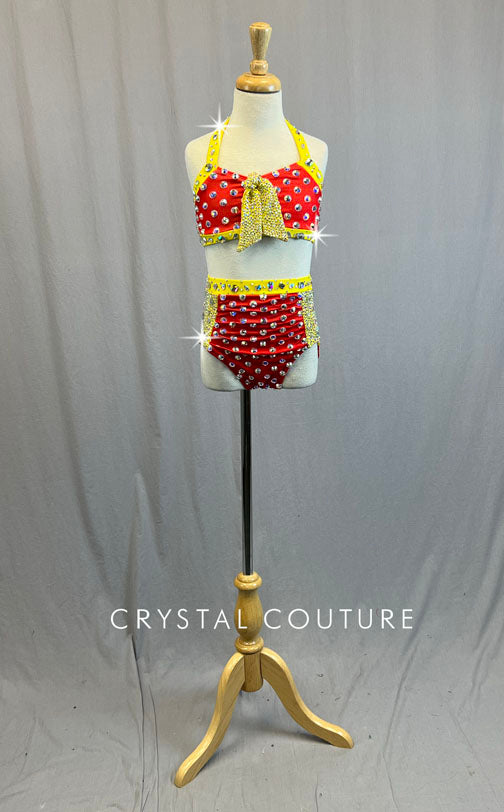 Custom Orange & Yellow Polka Dot Halter Top and Ruched Trunks - Rhinestones