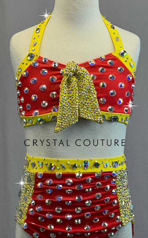 Custom Orange & Yellow Polka Dot Halter Top and Ruched Trunks - Rhinestones