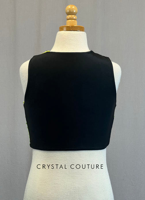 Custom Black & Neon Yellow Asymmetrical Color Block Crop Top - Rhinestones