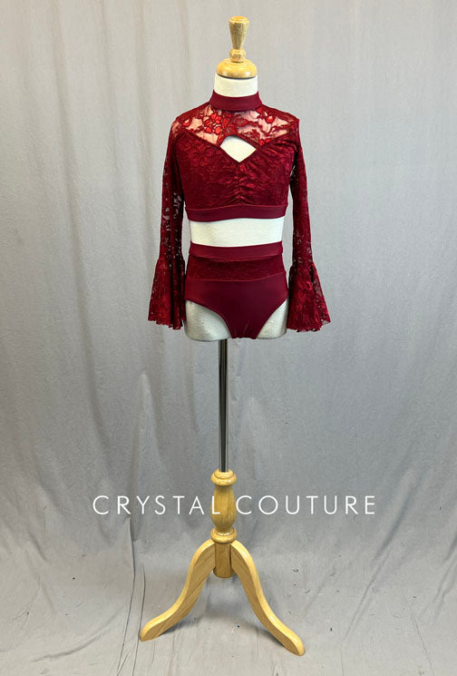 Custom Burgundy Lace Two Piece with Long Flutter Sleeves