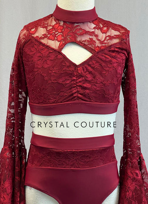 Custom Burgundy Lace Two Piece with Long Flutter Sleeves