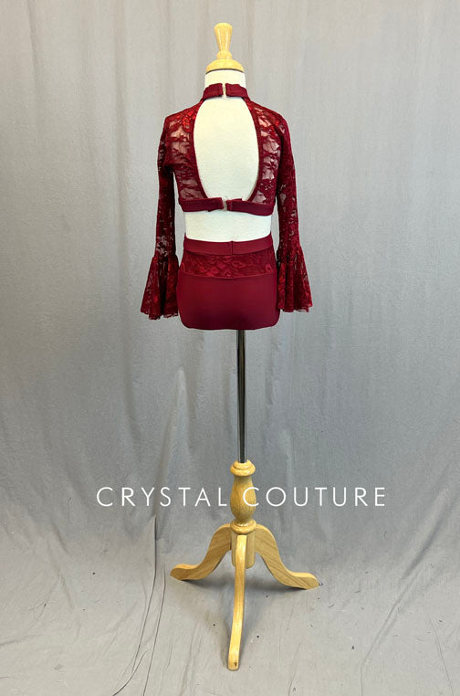 Custom Burgundy Lace Two Piece with Long Flutter Sleeves