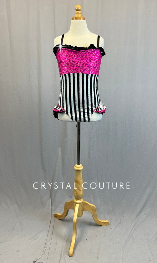 Custom Black & White Striped Leotard with Pink Zsa Zsa and Hip Ruffles - Rhinestones