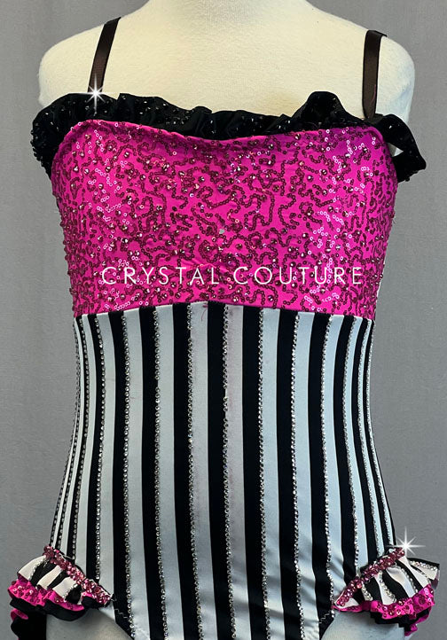 Custom Black & White Striped Leotard with Pink Zsa Zsa and Hip Ruffles - Rhinestones